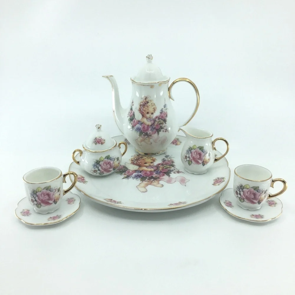 Vintage Children's Mini Tea Set White Porcelain Angel Pink Floral Gold Trim 10pc